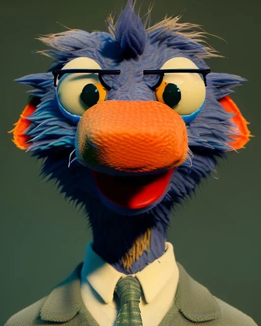 Realistic image, hybrid character, Sesame Street muppet, head, man, body, ,arms, hands, Shirt and tie, Wes Anderson style, concept art, smooth, unreal engine 5, god lights, ray tracing, RTX, lumen lighting, ultra detail, volumetric lighting, 3d, finely drawn, high definition, 4k.