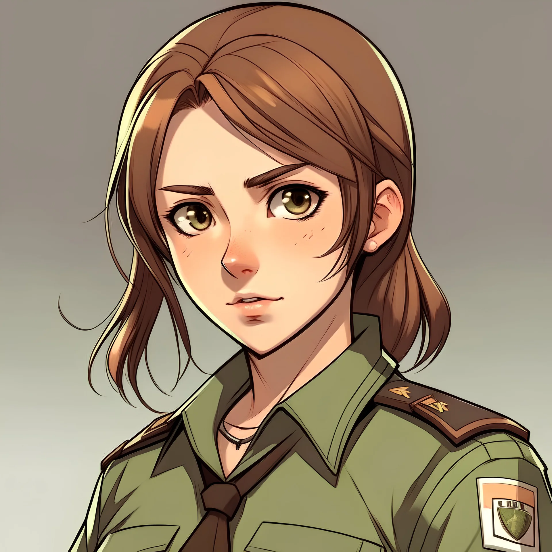 Young woman with neck length auburn hair in a low ponytail, side swept bang, amber eyes, olive skin tone, deputy sheriff shirt, anime style, front facing, looking into the camera,