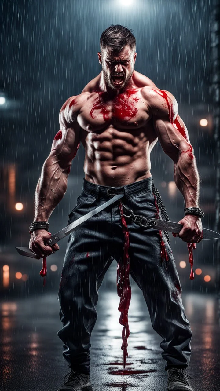 Hyper realistic angry furious muscular man carrying a fancy knife with blood on it standing on a metal surface with hanging metal chains at rainy night