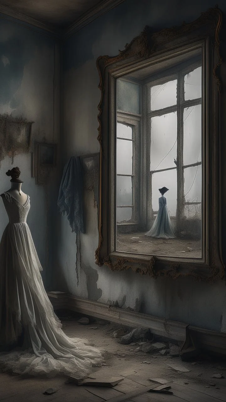 An old dusty wedding dress hanging on the wall by a broken mirror on the wall of an abandoned room , stormy foggy sky in the from the window in the background, Bosch painting style, sad and tragic and dark scenes