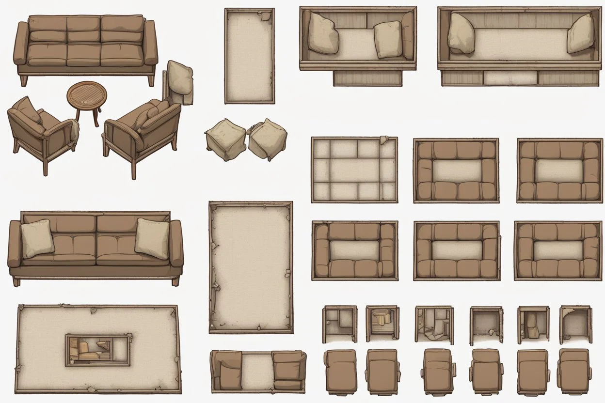 Sprite sheet, furniture, architectural plan, couch, table, chair, top view, dilapidated, post apocalypse,