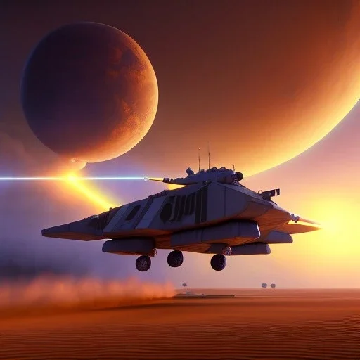 volumetric Wide desert view painted by chris foss of Military hovering tank, floating, hover, and laser from the future, 4k, 8k, [hovercraft] Minutiae, highly detailed, render, rivets, hovering, stripes, sunset duststorm, nimbus clouds