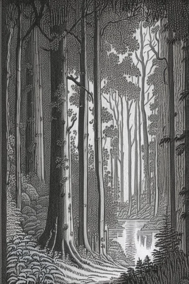 in the style of Henry Justice Ford, a drawing of a forest