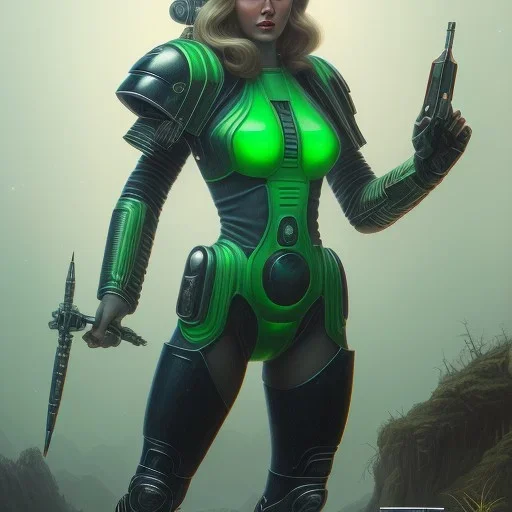 Young Woman as a ruggedly beautiful retro sci-fi space marine in a green pvc outfit, 1985, intricate, elegant, highly detailed, centered, digital painting, artstation, concept art, smooth, sharp focus, illustration, art by artgerm and donato giancola and joseph christian leyendecker, ross tran, wlop