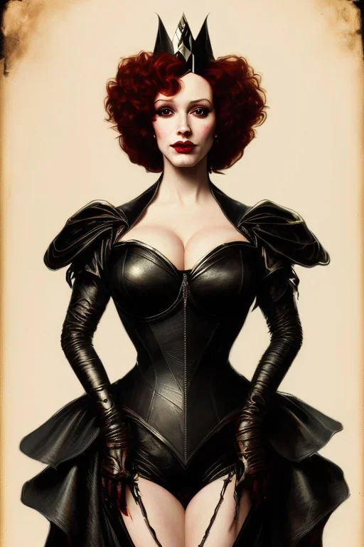 painting of christina hendricks as evil queen in black leather, feminie, angry, volouptous, busty, cleavage, emperious, mature, highly detailed, digital painting, artstation, concept art, smooth, sharp focus, illustration, art by gaston bussiere and alphonse mucha