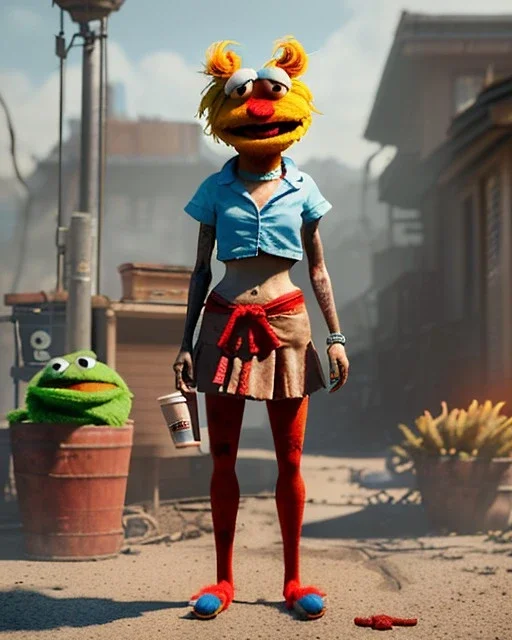 hybrid character, waitress sexy woman with monster muppet mask that covers her entire head, short shirt, tray, beer, old school tattoo, retro style, Sesame Street style, hot, smooth, unreal engine 5, god lights, ray tracing, RTX, lumen lighting, ultra detail, volumetric lighting, 3d.