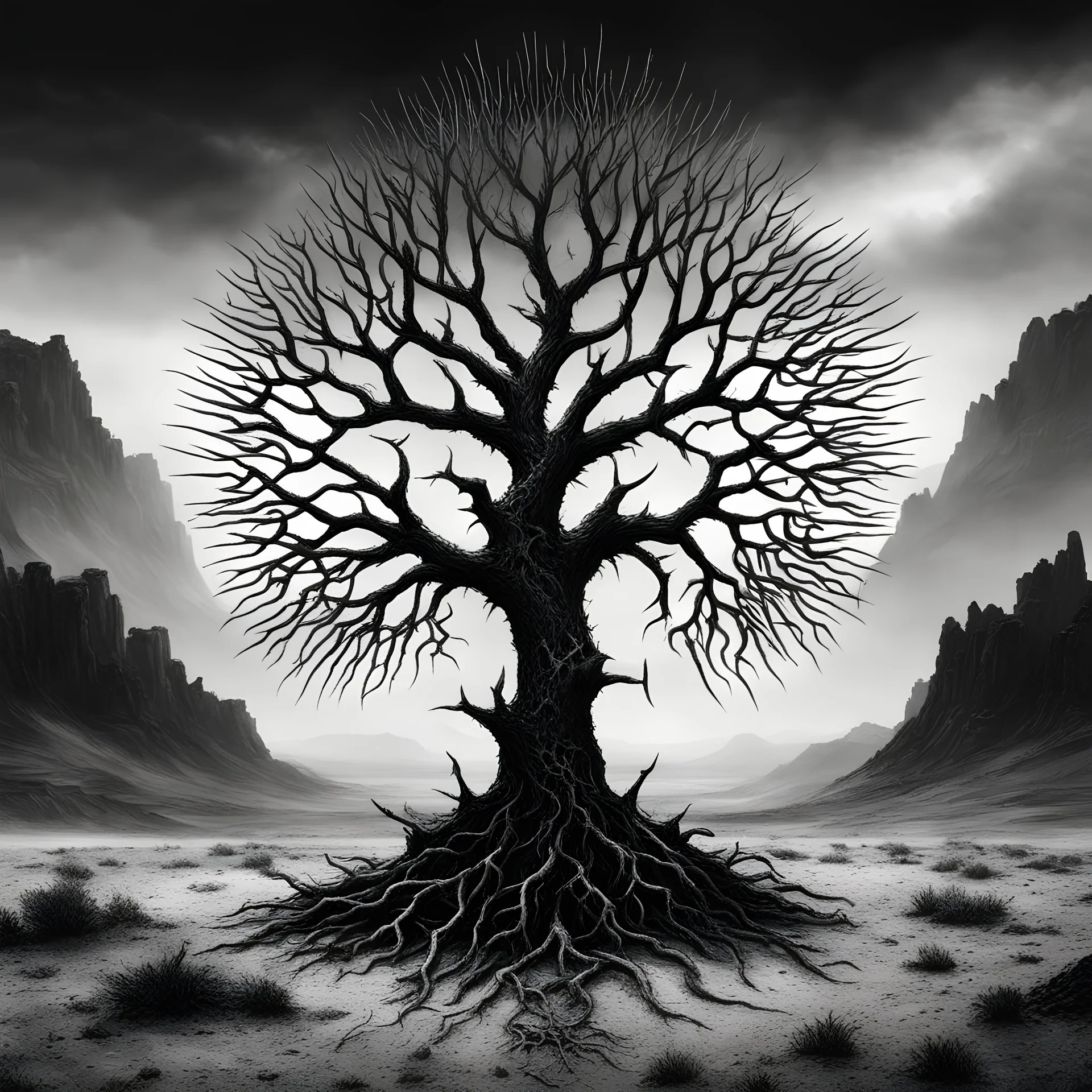 striking black metal album art depicting a spiky tree of life in a barren landscape, black and white