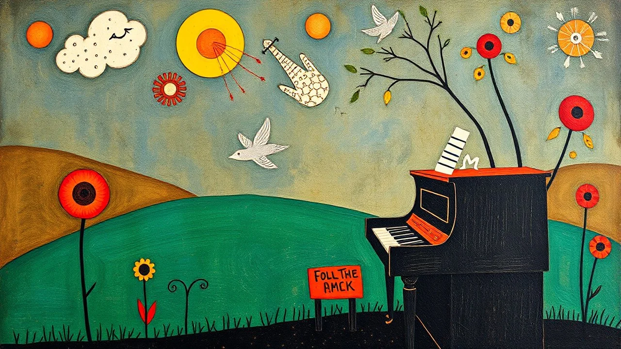 Lonely pianist, folk art surreal; mid-20th century naive art, abstract,