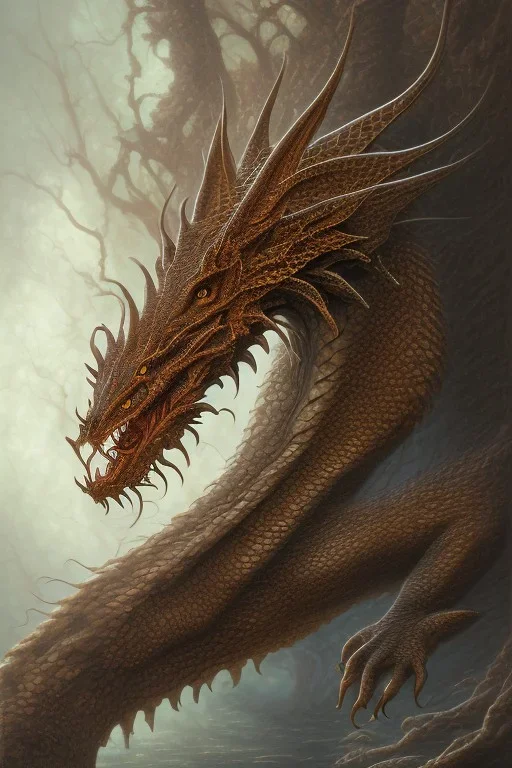 high-quality, fine-detail beautiful, dark brown dragon head portrait, clear reflective lake, tranquil, stunning, 8k resolution, intricate, digital art, detailed matte, volumetric lighting, George Grie, Anne Dittman, Anne Stokes, Lisa Parker, Selina French, Alphonse Mucha