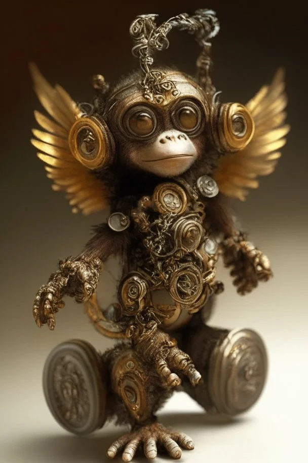 small cute steampunk mechanical monkey, made of metal with mechanical wings, cute hands and feet