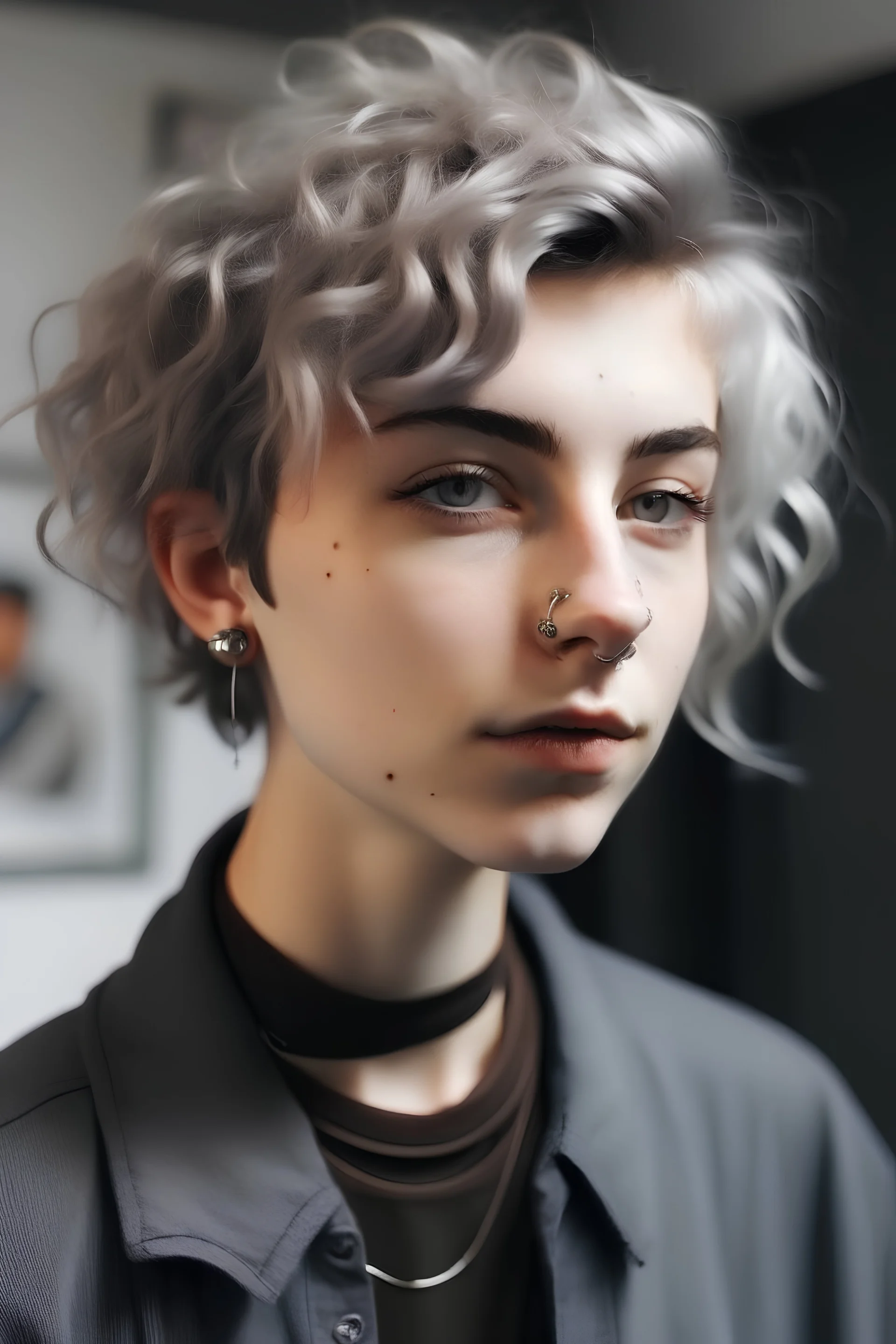 androgynous masc teen with fluffy curly short silver hair and piercings