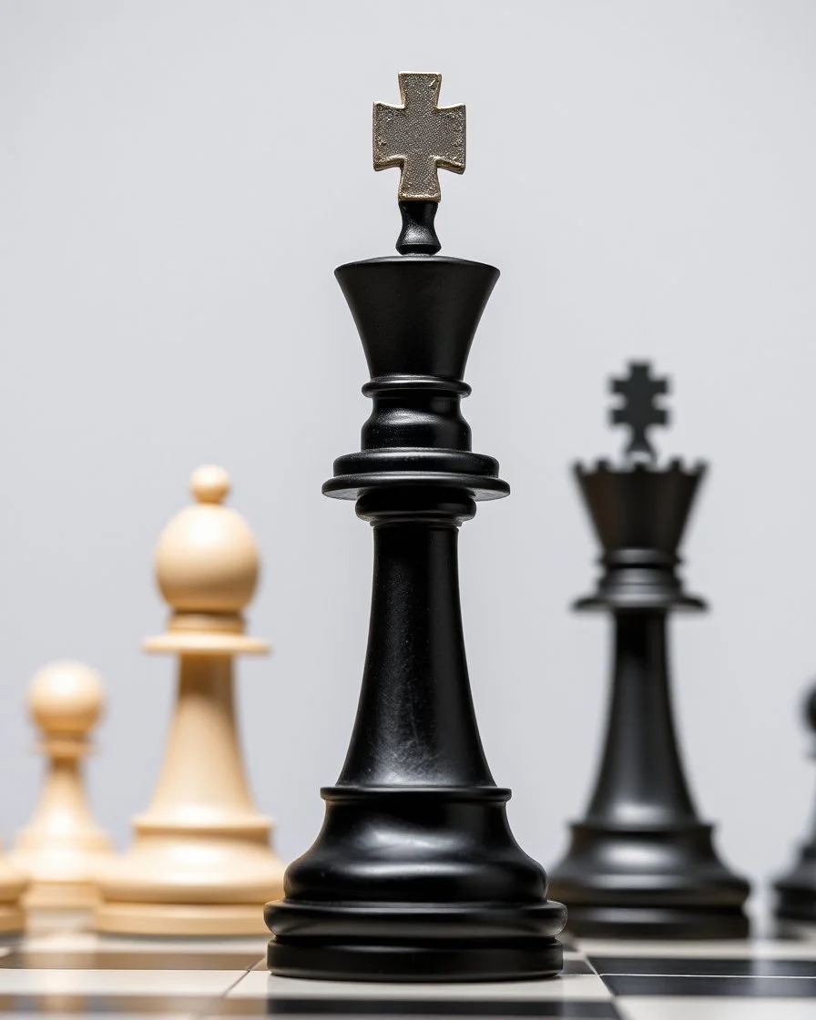 a bishop chess piece at a podium. in front are the king and queen chess pieces