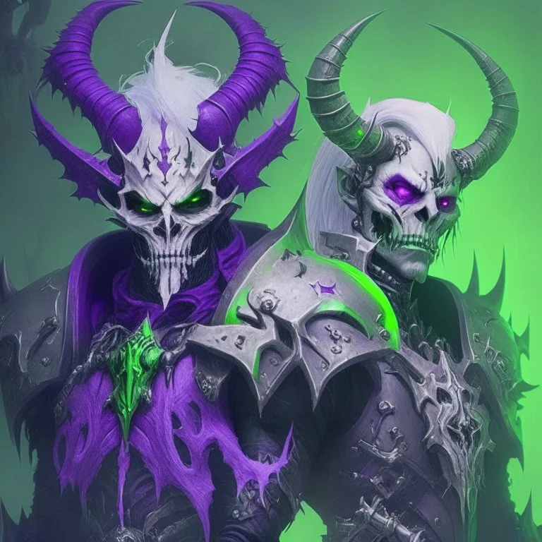 Demonio de armadura morada y verde con cabello blancos posando junto con un demonio de armadura negra y verde y casco de craneo
