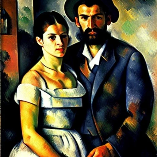 portrait of Jacobo Santiago Mozos born in 1976 and Gemma Arnau Arnau born in 1979,by Paul Cézanne, oil on canvas, cinematic composition, extreme detail,8k,fit full head inside picture,