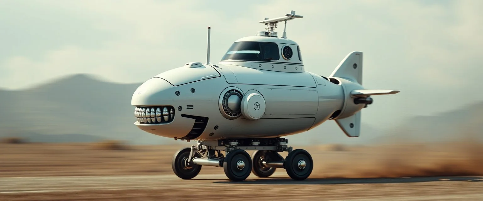 blind contour robot shaving submarine machine with no teeth, like space ship fighter jet massage master guru fast moving motion blur background, landing wheel gears