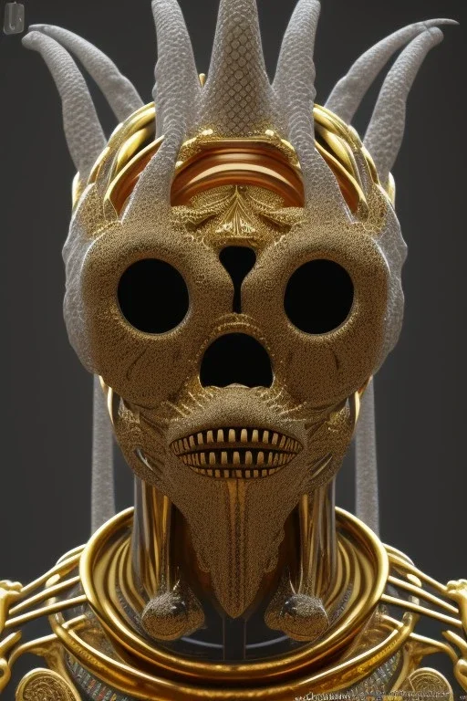 black male African Egyptian alien, cracks in the voodoo head, wicked, eyes, crown, Elephant, 8k, finely detailed, photo realistic, tiger turquoise skull head gold dragon space alien snow skeleton gold gorilla silver crown silver eyes