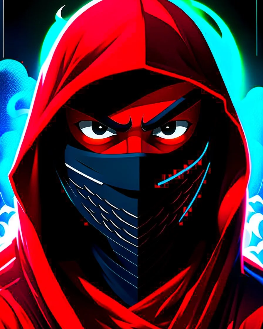 Draw an illustration with a red and black hood and a dragón mask over they eyes