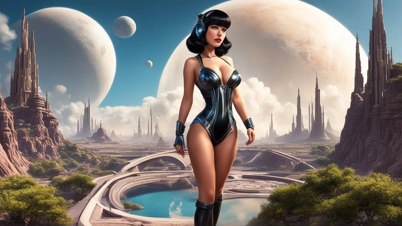 Photorealistic, full Body Photo Of An Exotic Sci-Fi Pin-Up Girl, With dark Hair with Bangs, on an alien Planet With Cloud Trees, Tall Spires, Buildings, Bridges, Arches