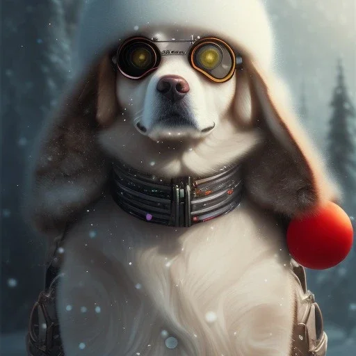 Cyberpunk Portrait of dog child with brown hair and with cute face, north pole snowy vibe , perfect composition, hyperrealistic, super detailed, 8k, high quality, trending art, trending on artstation, sharp focus, studio photo, intricate details, highly detailed, by greg rutkowski