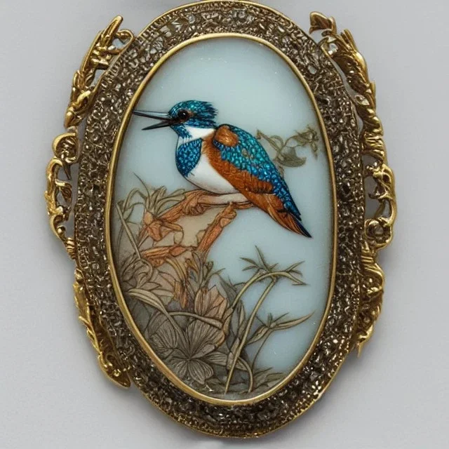 cameo brooch of a kingfisher, decorative design, classical ornament, bilateral symmetry, highly detailed etching, marble carving