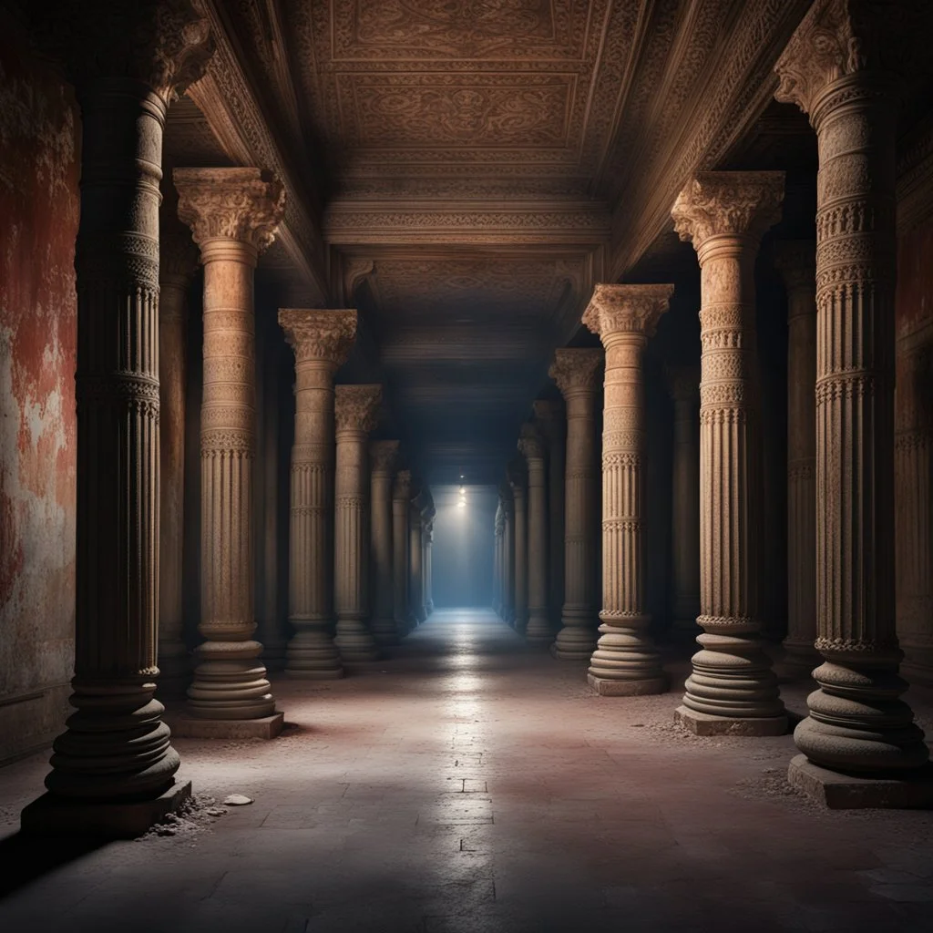 Hyper Realistic ancient pillars & huge dark hallway of a historical Indian palace with peeling wall paints at night