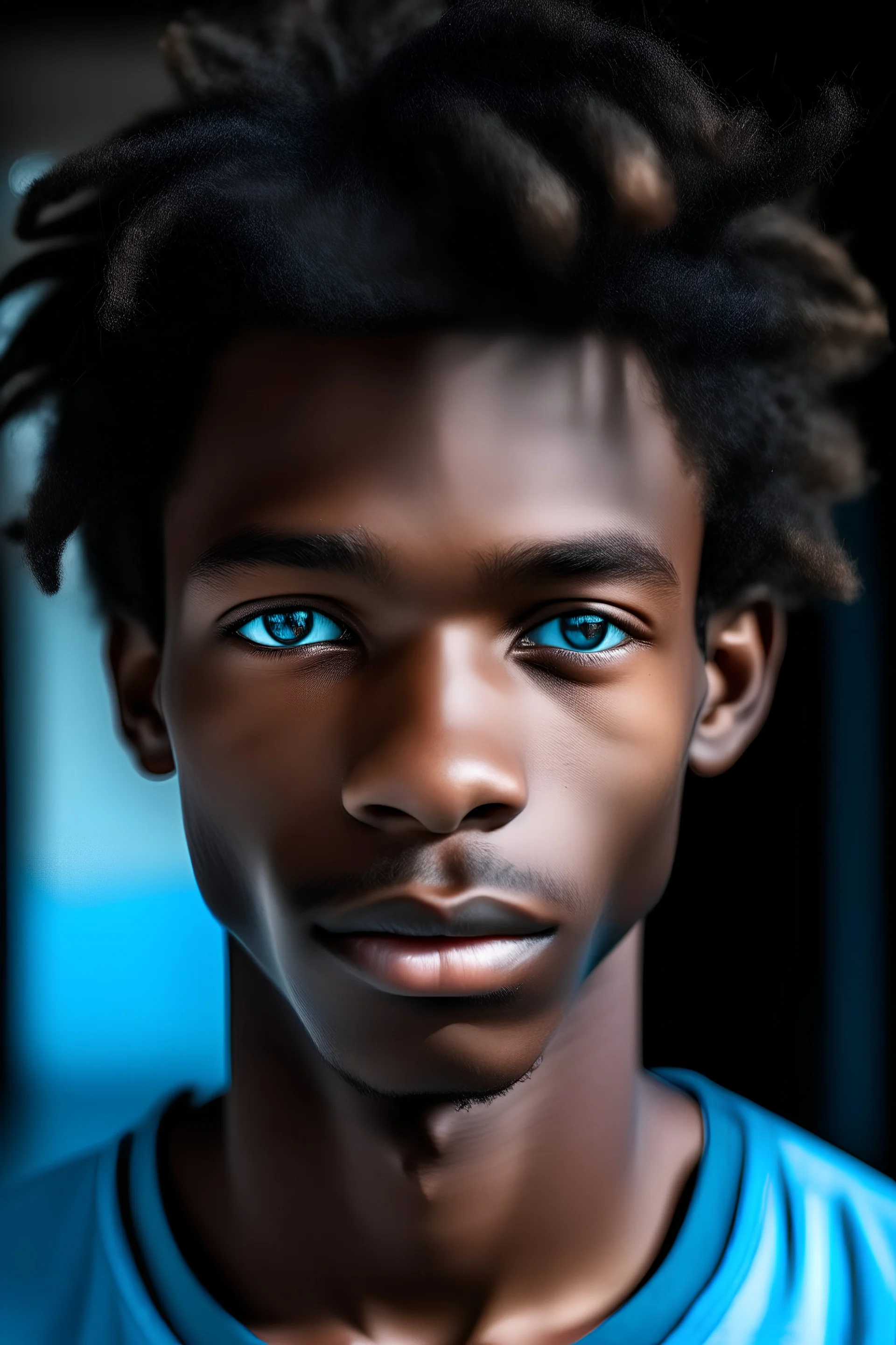 portrait of a tall 18 year old boy with black skin and caucasian looking; light blue eyes and full lips, cool hair