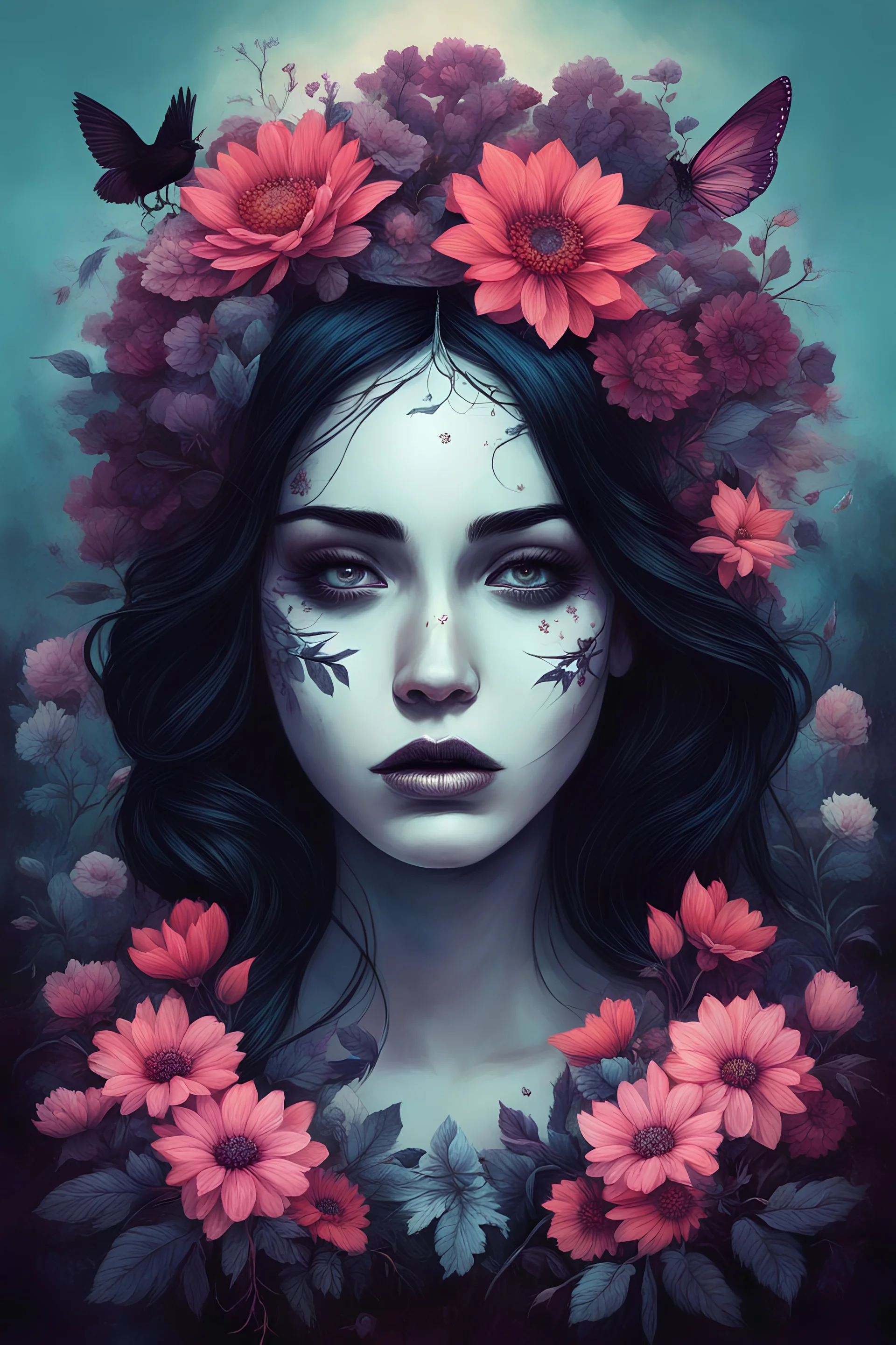 soft colorful-hued colors, dark and grim surreal illustration, psychedelic flat illustration, a beautiful woman with a tired expression is wearing dead flowers, by Jeff Soto