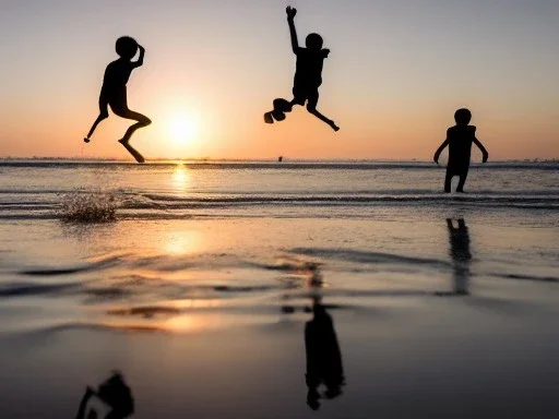 children jumping in water on the Indian beach capture them against the sun and make an art silhouette, hyper details, real sharp, 8k, well detailed, well shaped