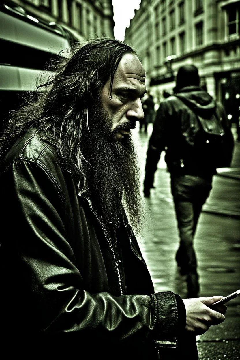 A stalker wants an autograph from a long-haired rock musician on a street in central London. The stalker is an overweight soon bald 25-year-old and looks a bit slimy, the atmosphere is oppressive and unpleasant, lot of traffic and london busses, hectic hour, a nice hotel, fog and rain