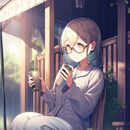 anime girl sitting on a porch swing of an old house, journaling, wearing pajamas,sitting next to a cup of coffee, writing in a book, shes watching it rain, more detail on hands and her face,shes deep in her thoughts, wearing glasses, rain drops