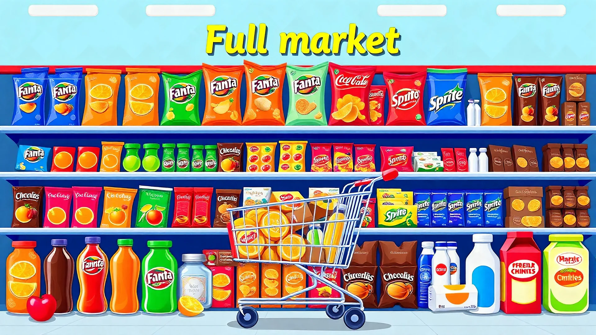 A design for a supermarket called (full market) filled with various fruit juices, various chips, various types of Fanta, Coca-Cola, Sprite, various famous chocolates, a full shopping cart, packaged cheeses, butter, and pasteurized milk, in cheerful, vibrant, and eye-catching colors.