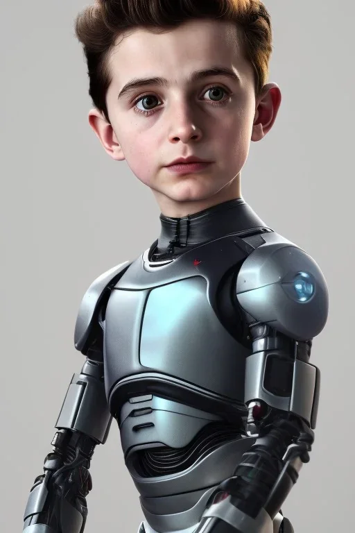 Timothee chalamet toddler, robocop, full body, jump, bokeh, hyper realistic