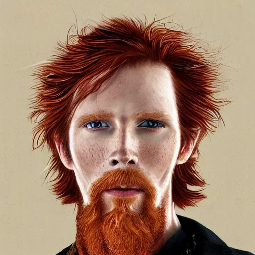 Portrait of Courtney Gains as a ruggedly handsome, joyful, roguish pirate, charismatic, attractive male, masculine, perfect, precisely detailed clear eyes, unblemished, flawless skin, softly freckled face; meticulously detailed multi-hued ginger carrot-colored cherry fire red hair; fantasy, intricate, elegant, highly detailed, digital painting, concept art, matte, sharp focus, illustration, art by artgerm and greg rutkowski and alphonse mucha