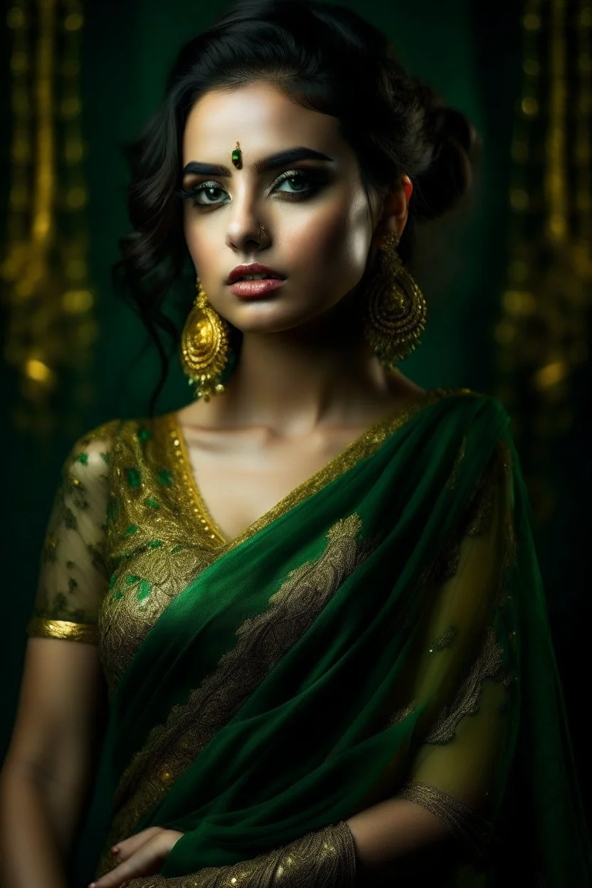 A stunningly enchanting woman with dark green eyes, draped in a shimmery green chiffon saree adorned with sparkling golden yellow sequins forming intricate floral patterns. The image is a photograph capturing the luxurious elegance and beauty of the subject. Every detail shines with a luminous allure, showcasing the impeccable craftsmanship and opulent design of the attire. The overall aesthetic exudes a sense of enchantment and sophistication, making it a truly mesmerizing piece of art.