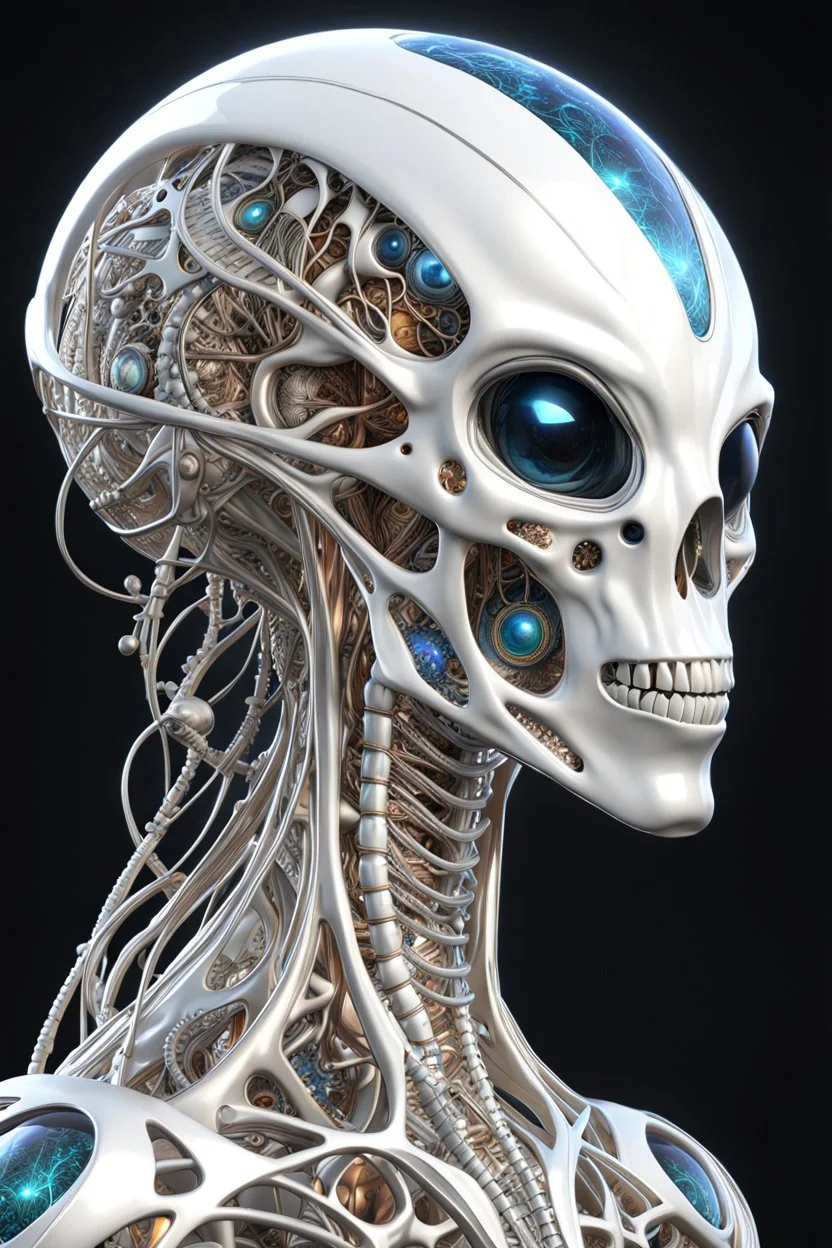 3D rendering of Expressively detailed and intricate of a hyperrealistic “alien anatomy”: 2/3 view, scientific, single object, glossy white, shinning silver , a lot of vines, tribalism, laboratory background, shamanism, cosmic fractals, octane render, 8k post-production, detailled metalic bones, dendritic, artstation: award-winning: professional portrait: atmospheric: commanding: fantastical: clarity: 16k: ultra quality: striking: brilliance: stunning colors: amazing depth
