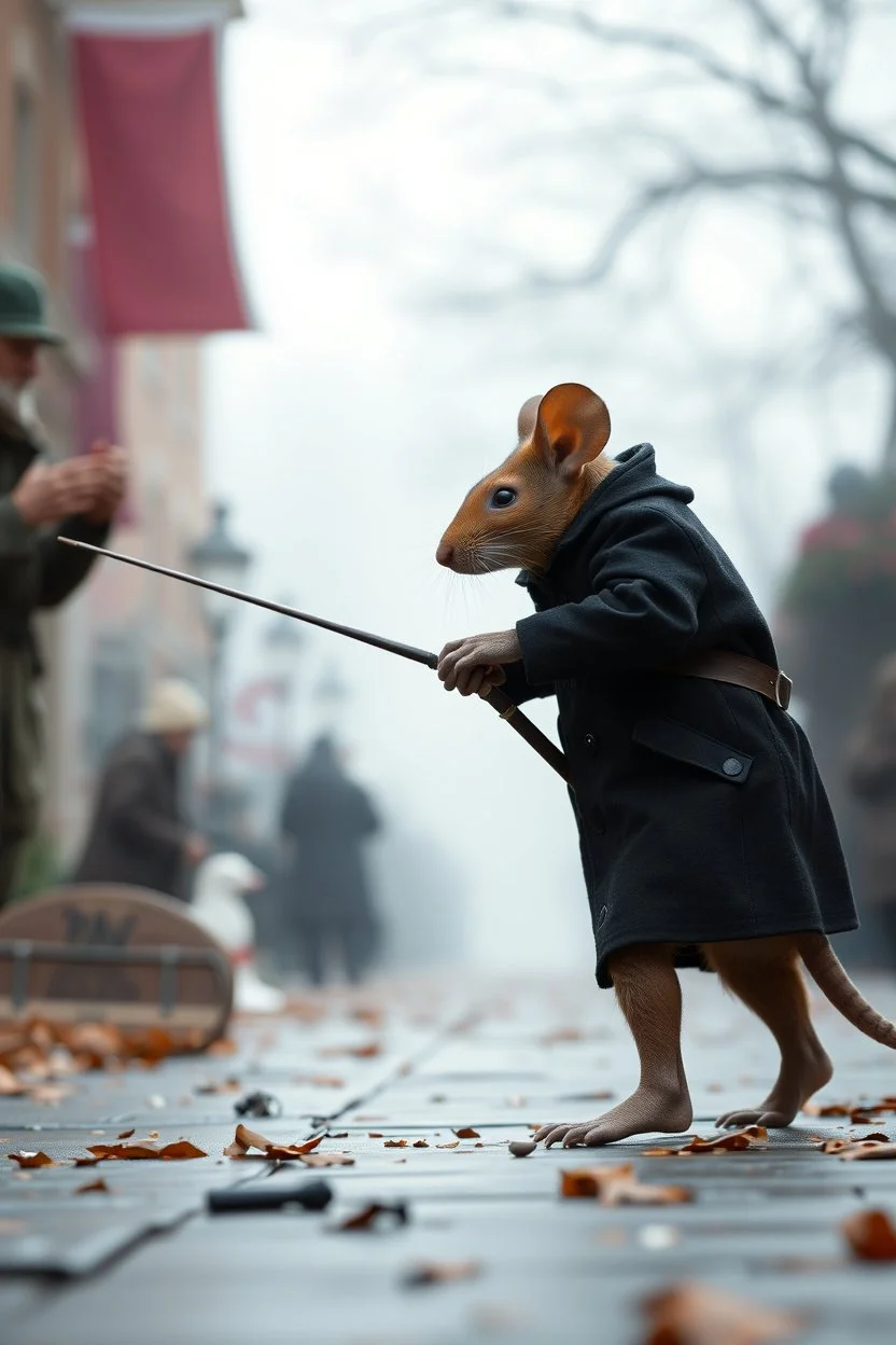 A mouse warring a fblack coat dressed brown coat, playing the tru