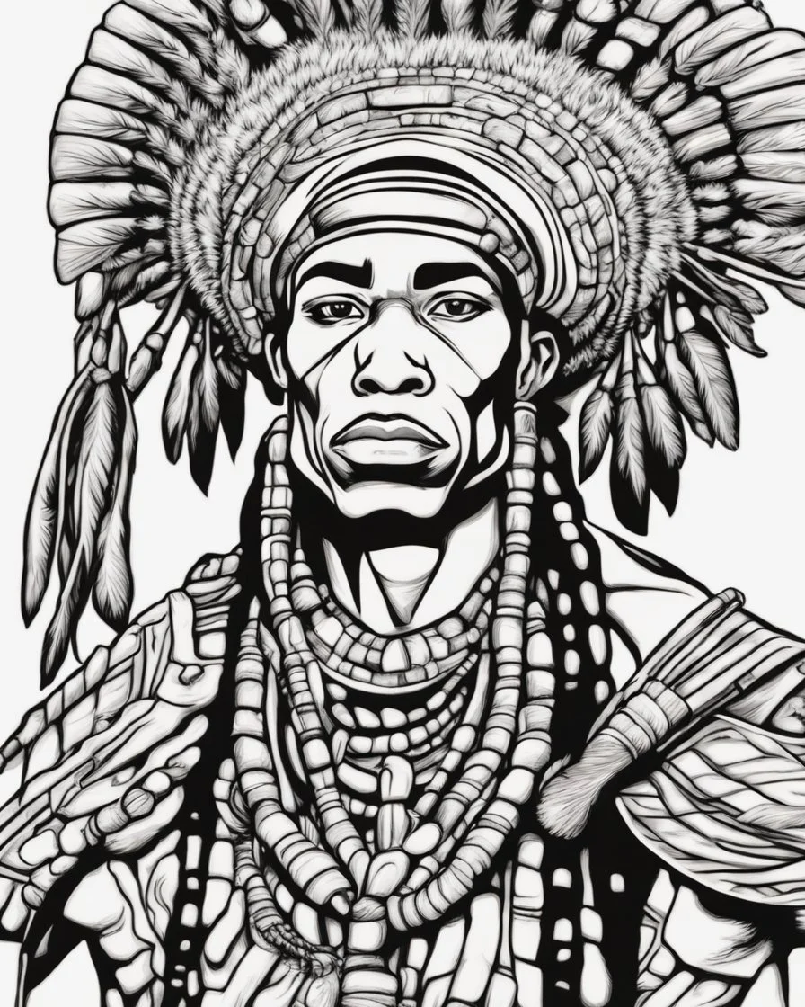 Outline art for coloring pages with Shaka Zulu , white background, sketch style, only use black outline, white background, no shadows and well and clear outline , white background, sketch style, only use black outline, white background, no shadows and well and clear outline