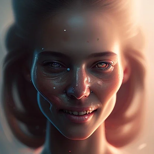 epic portrait of a beautiful girl with an unnaturally wide smile, horror smile, sharp focus, beautiful!, dewy skin, ethereal, painting, concept art, warm lighting, greg rutkowski