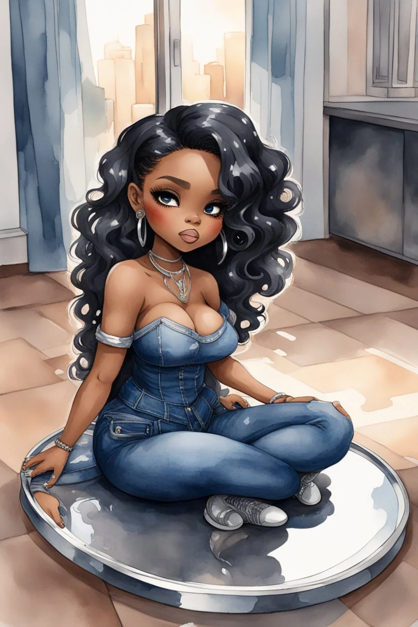 Create a futurism magna watercolor pain art of a black chibi curvy female sitting on the floor looking at herself in a hand mirror. She is wearing tight blue jeans and a black off the shoulder blouse. Prominent make up with lush lashes. Highly detailed long wavy hair. She is also wearing silver large hoop earringsart of a black chibi curvy female sitting on the floor looking at her cell phone. She is wearing tight blue jeans and a black off the shoulder blouse. Prominent make up with lush lashes