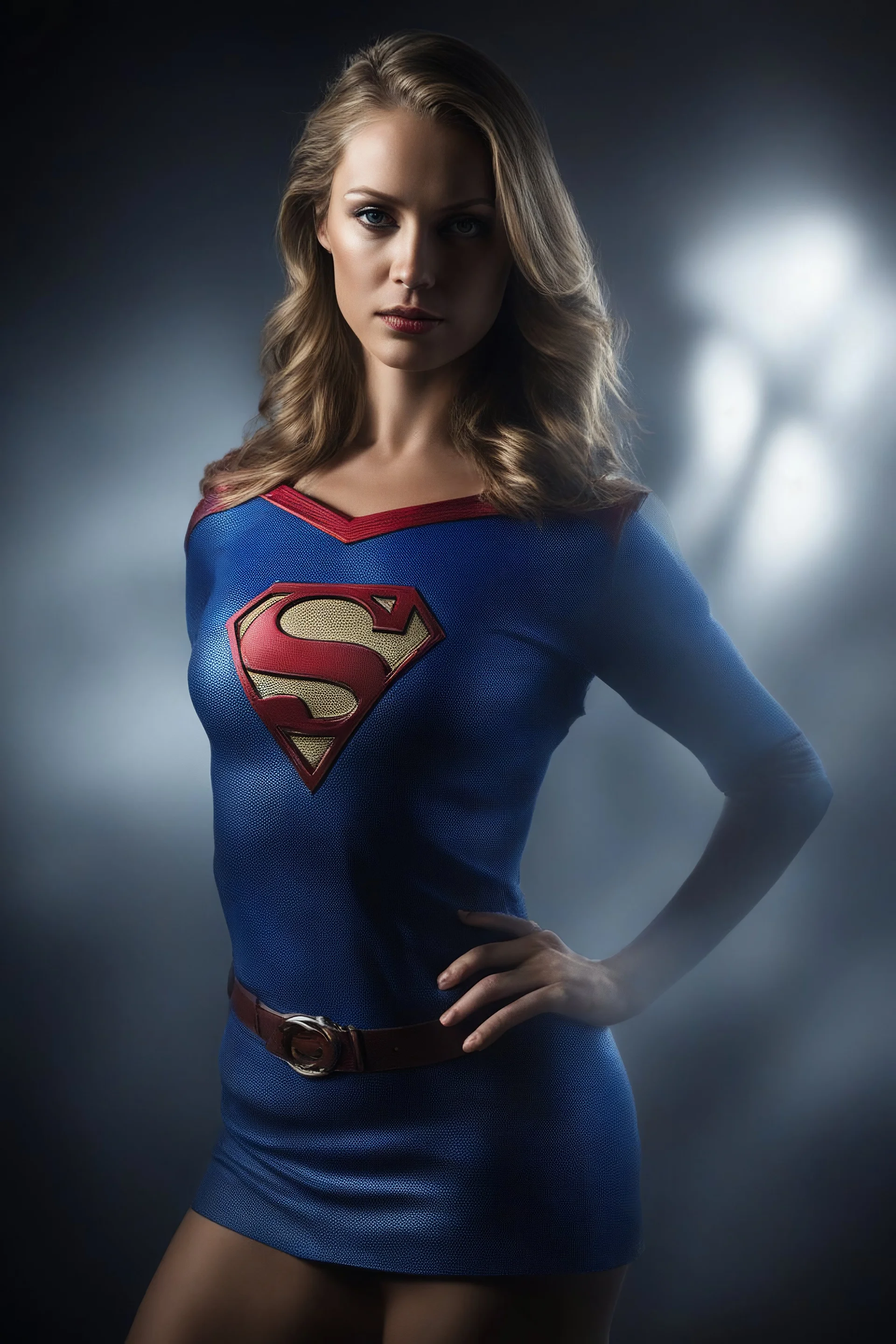 Supergirl, Realistic Stock Photo, ProtoVision, Realism Engine, RealVis XL, Zavy Chroma XL. facial portrait, chiaroscuro, deep shadows, rich deep colors, highly detailed portrait, Kara Zor-El, large jugs, blue and white-striped nylon, short sleeved, pullover, mini dress with a belt, 21-years-old, full color, expression of extreme happiness, hope and positivity, 4k UHD, Ultra-realistic, Hyper realistic, Photorealistic, Realistic, absolute Reality,