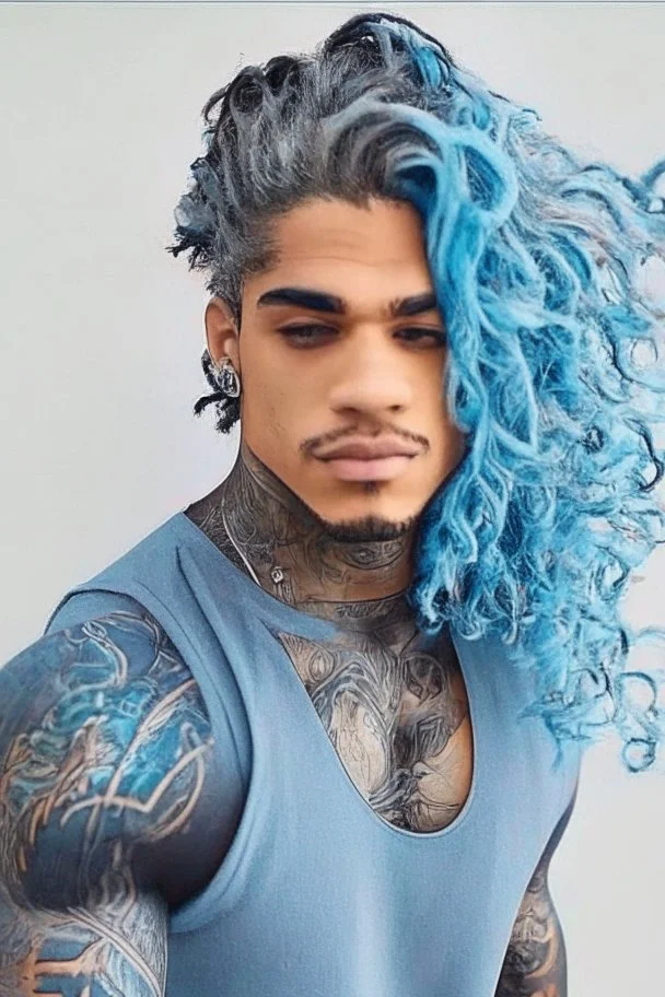 longish light blue wavy hair, brown skin, grey eyes, tattoos, black turtle neck clothing, hispanic