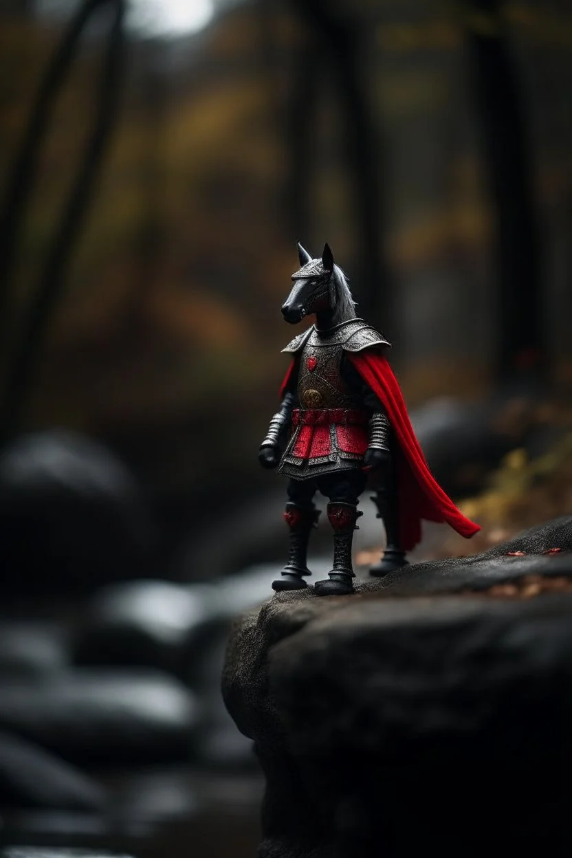 portrait of black knight on horse with red feather on stone bridge in mountain pass in forest,shot on Hasselblad h6d-400c, zeiss prime lens, bokeh like f/0.8, tilt-shift lens 8k, high detail, smooth render, down-light, unreal engine, prize winning