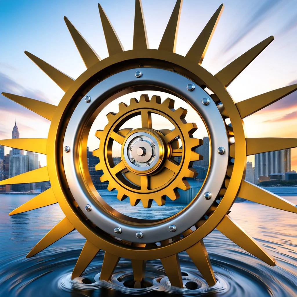 The camera zooms in on the gear mechanism. In the same futuristic water cityscape, the large golden gear smoothly rotates among smaller silver gears, creating powerful splashes of water ,1 fountain shoots water jet to gear and cousing pretty water splashes. The stormy sunset cityscape provides a dramatic backdrop.