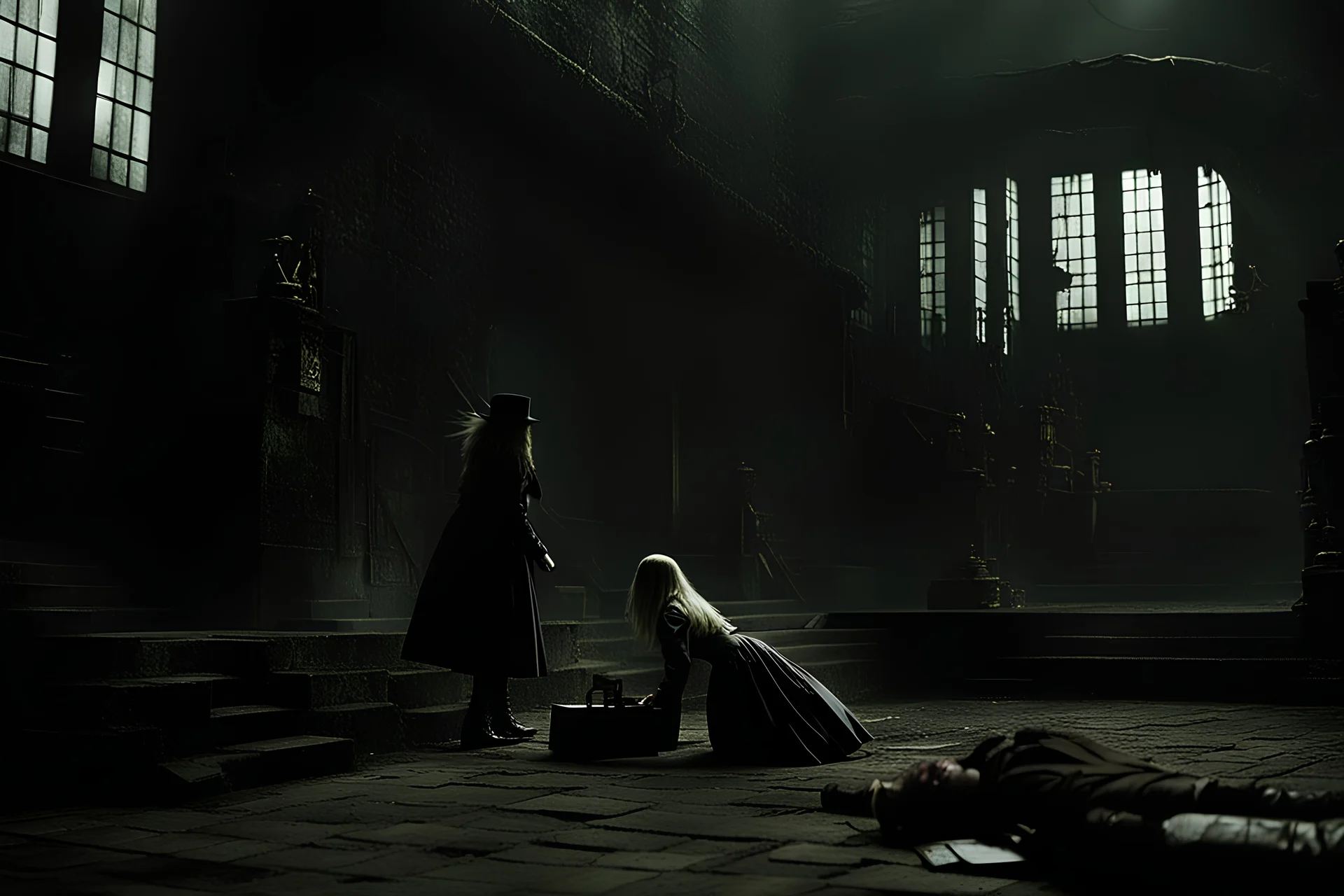 Still frame from the live-action "Hellsing" movie based on the anime of the same name. The scene is of a young Allegra escaping her uncle in the dungeon below the manor.