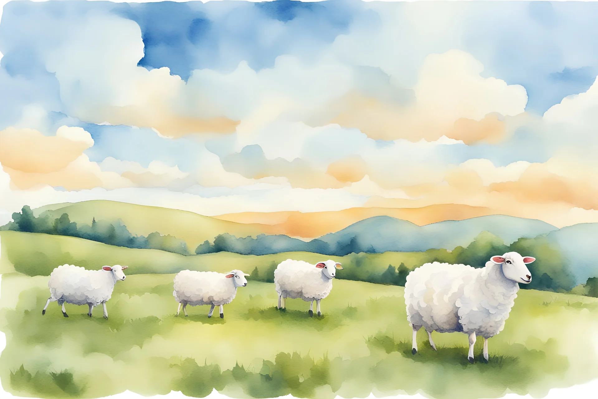 there are apple-shaped sheep clouds in the blue sky. Cartoon style. watercolor.