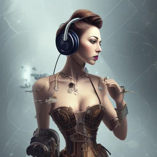 steampunk, woman listening to music, full-body