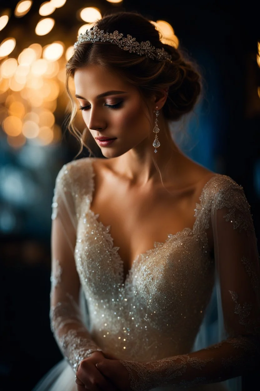 Beautiful girl wearing a wedding dress : Picture a delicate fluorescent glass sparkling lights adorned with glistening dewdrops. Sharp focus . Iridescent colors with intricate details. The tranquility of the scene mirrors the quiet strength that comes from embracing stillness and finding inspiration in the simplest moments.