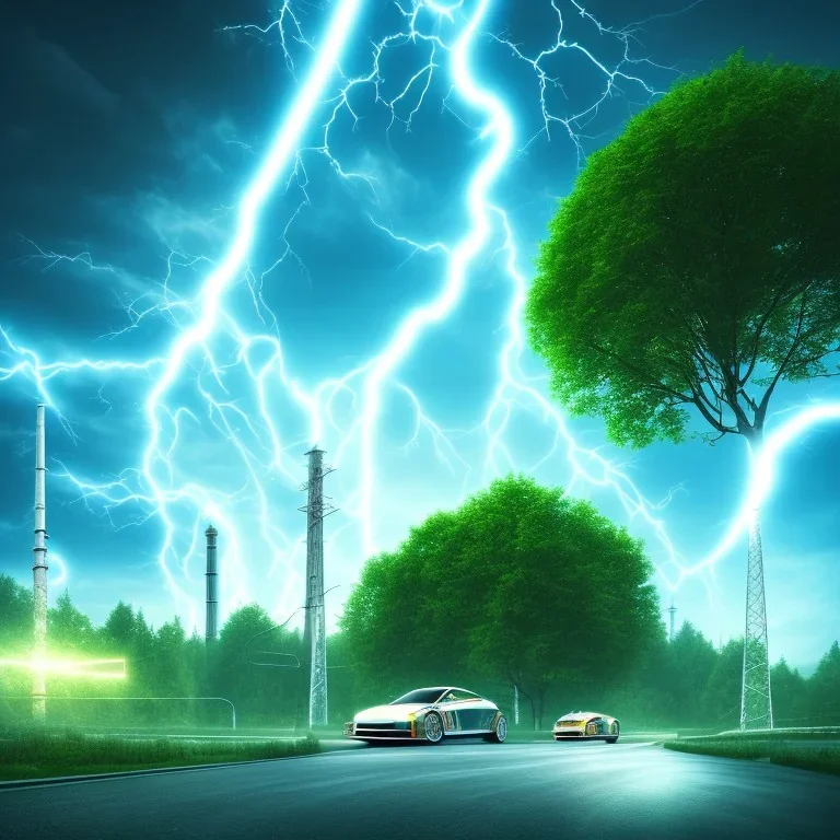 energy, power plant, technology, lightning, power line, future, flying cars, green trees, blue sky