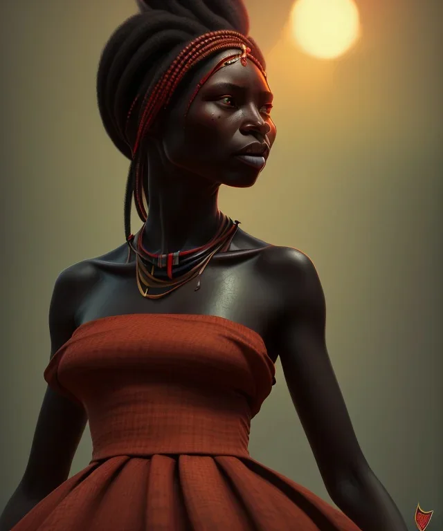 Negra Francisca, beautiful, African slave, simple red fabric dress, long black hair, head and shoulders portrait, 8k resolution concept art portrait by Greg Rutkowski, Unreal Engine 5 volumetric lighting