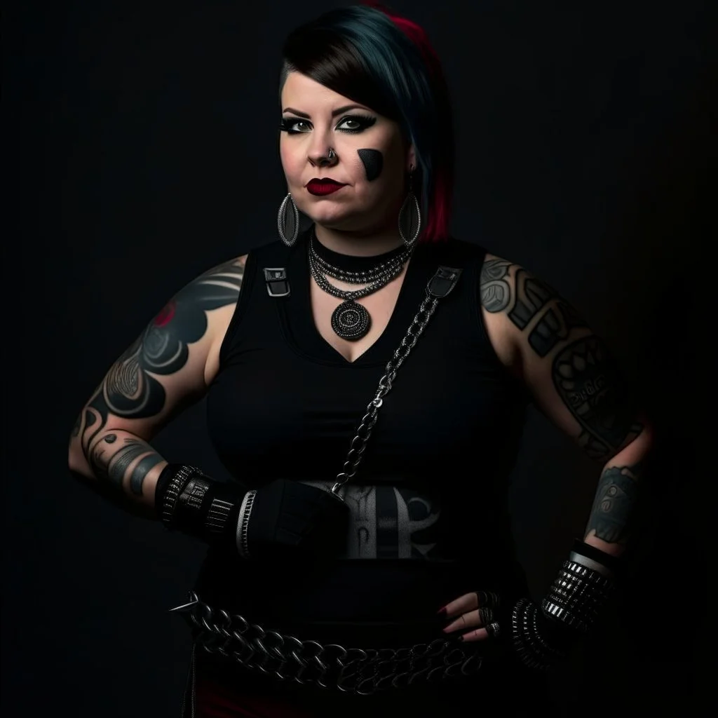 Picture of a photrealistic, lifelike,young 33 year old chubby extreme tatood girl with big scary knifes in her hands and a 46 years old extreme tatooed woman, dressed in gothpunk clothing and boots,